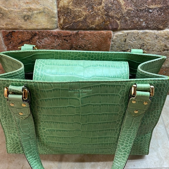 Kate Spade New York Shoulder Bag Hand Purse Green Gold Hardware Croc Embossed - Picture 5 of 15